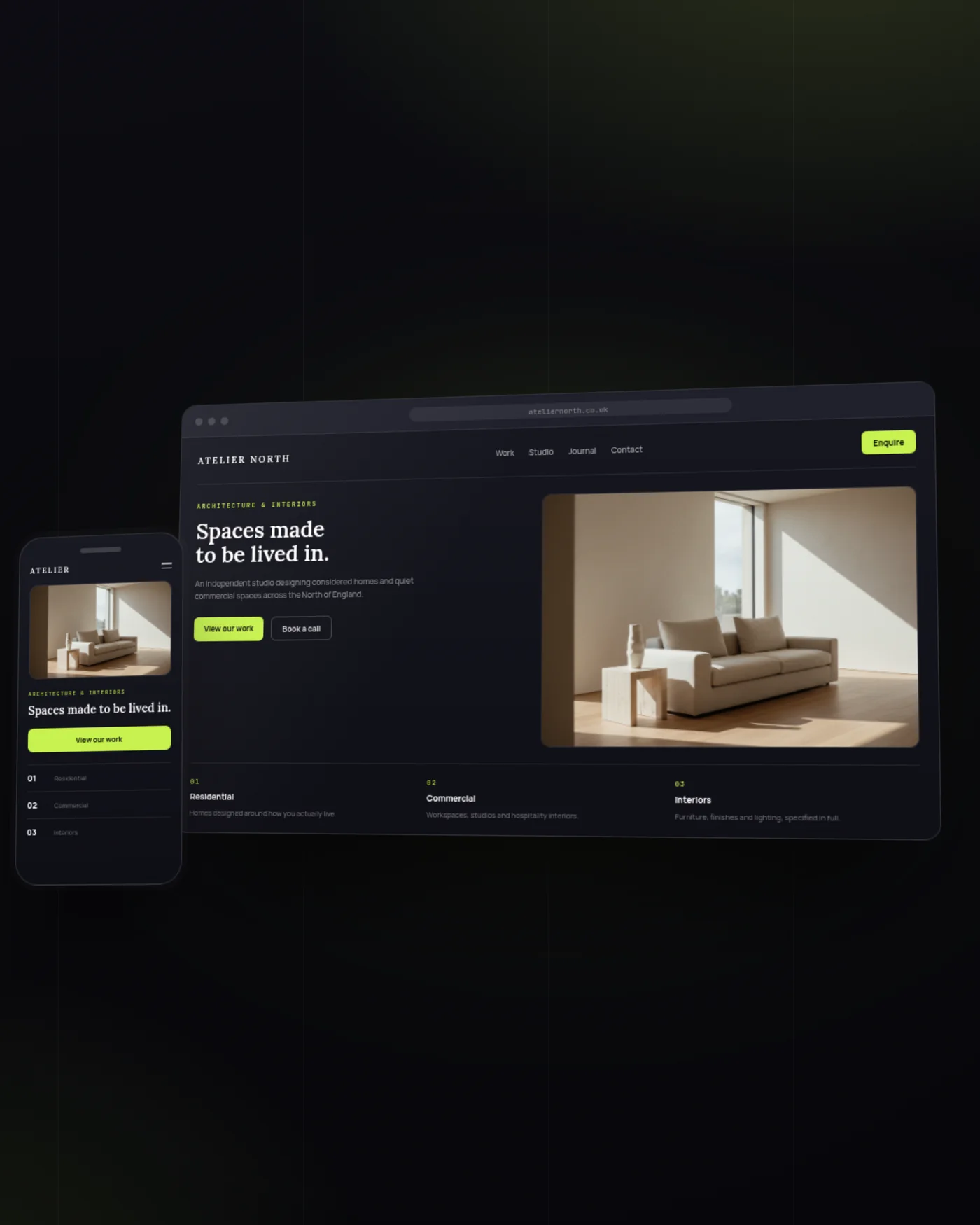 A website design shown on desktop and mobile — a considered, modern layout